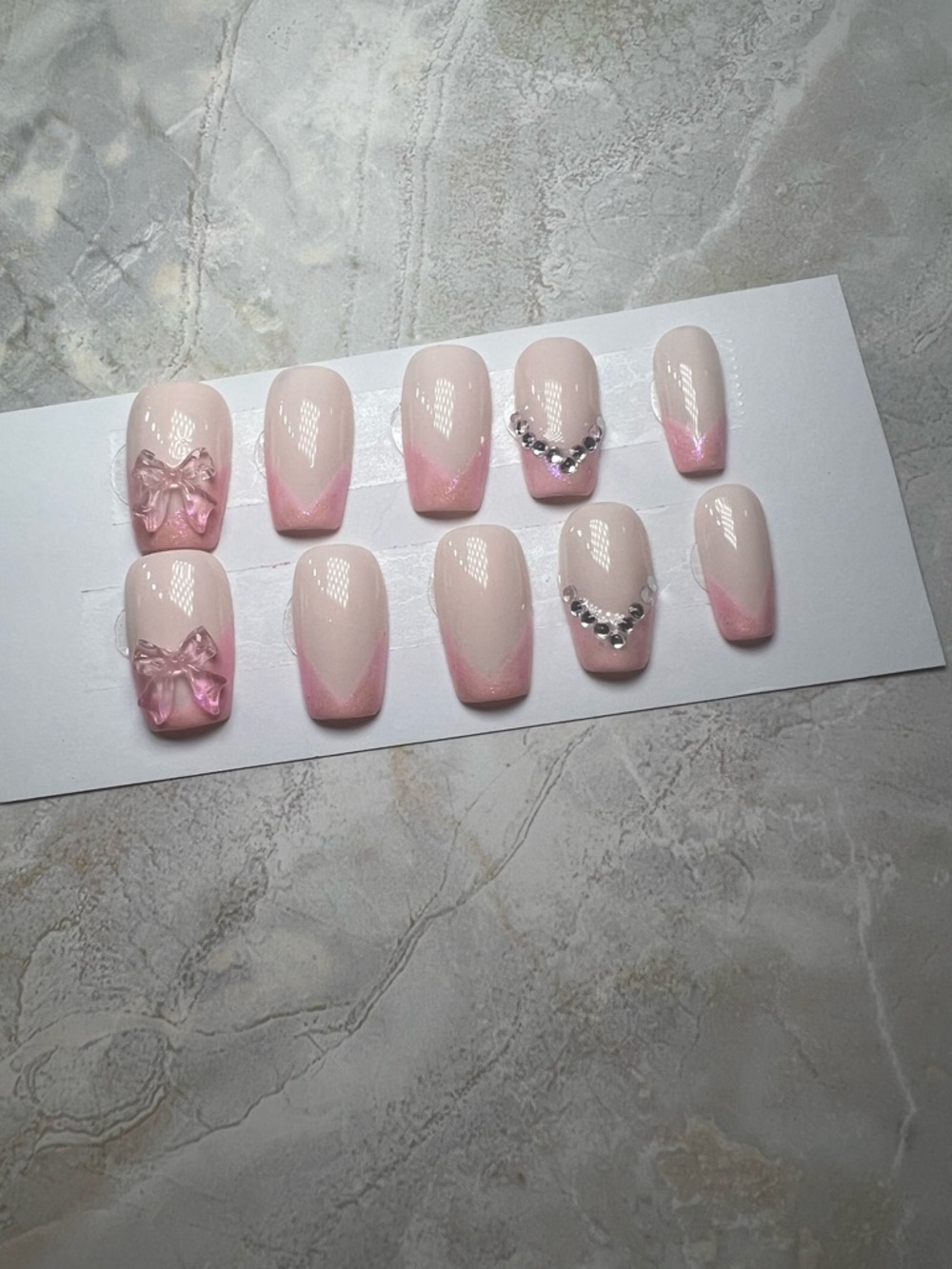 Pink Ombre Press-On Nails with Rhinestones and 3D Bows